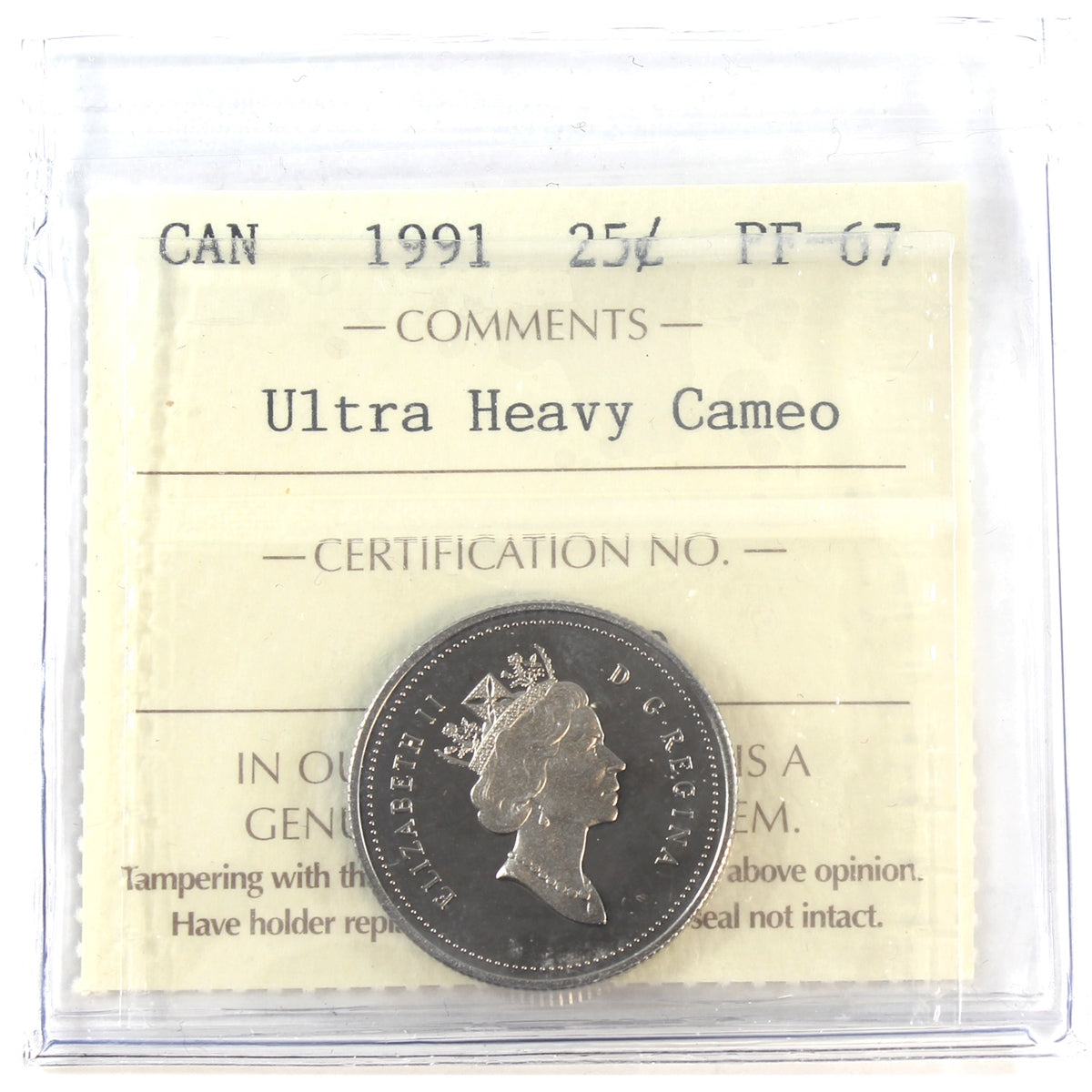 1991 Canada 25-cents ICCS Certified PF-67 Ultra Heavy Cameo