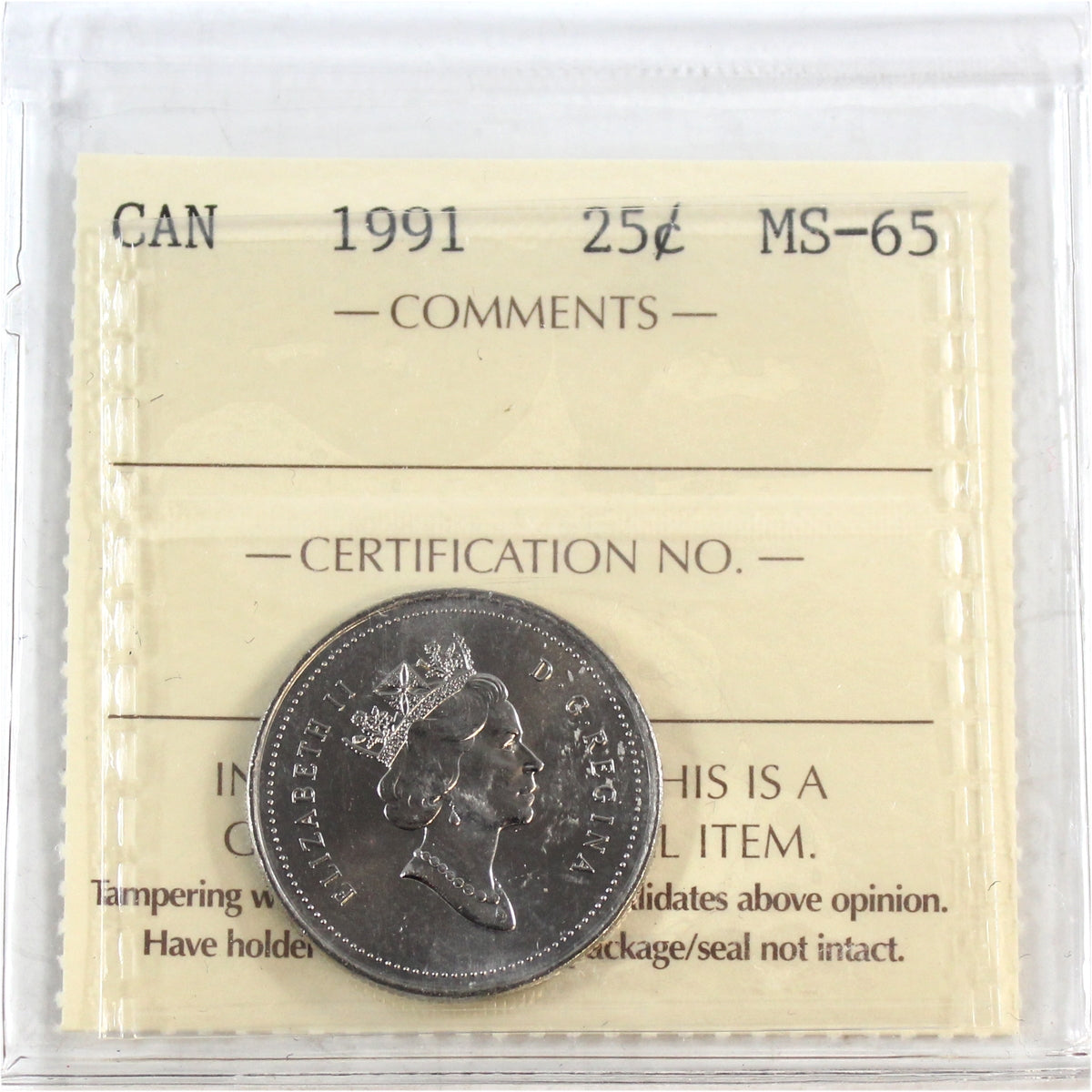 1991 Canada 25-cents ICCS Certified MS65
