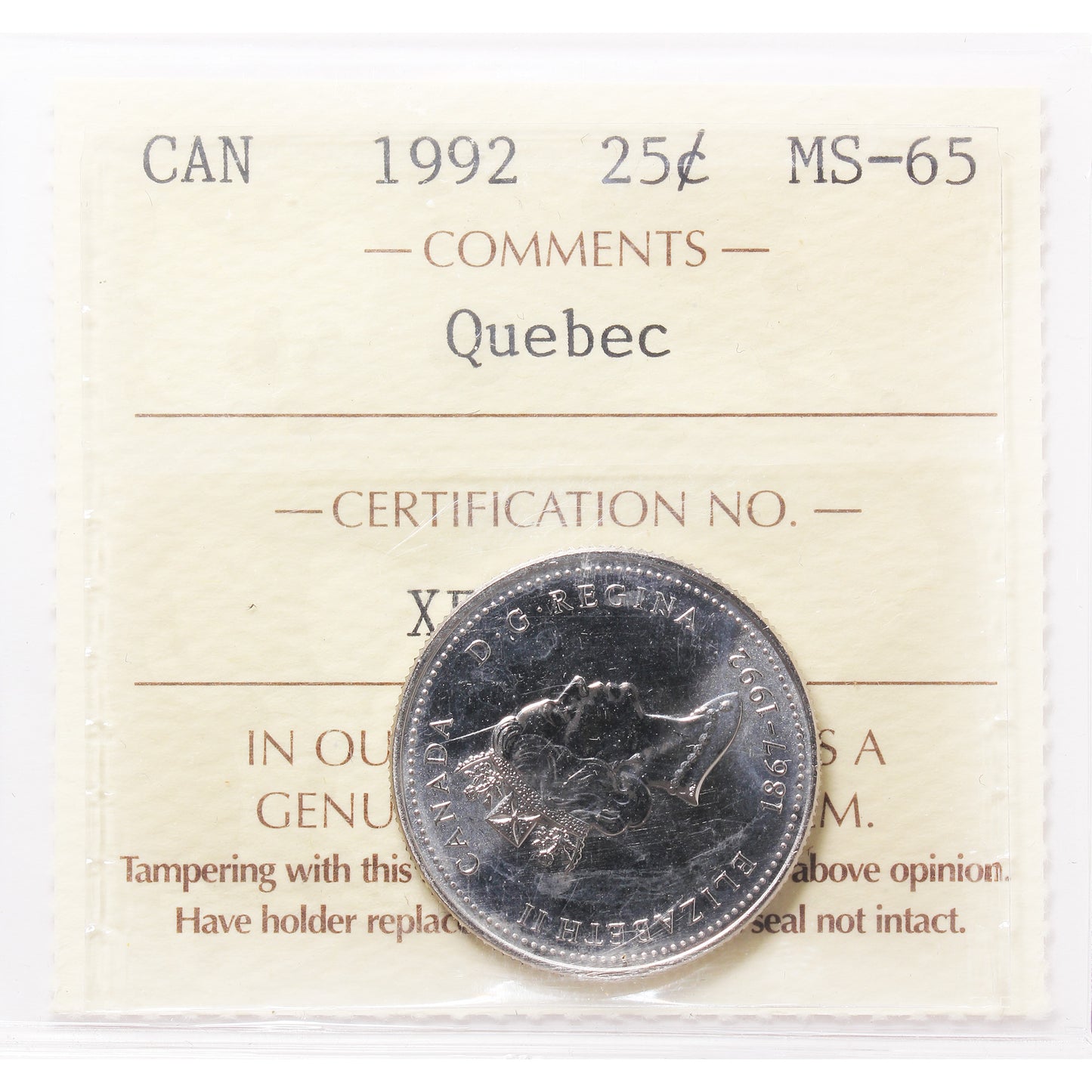 1992 Quebec Canada 25-cents ICCS Certified MS65