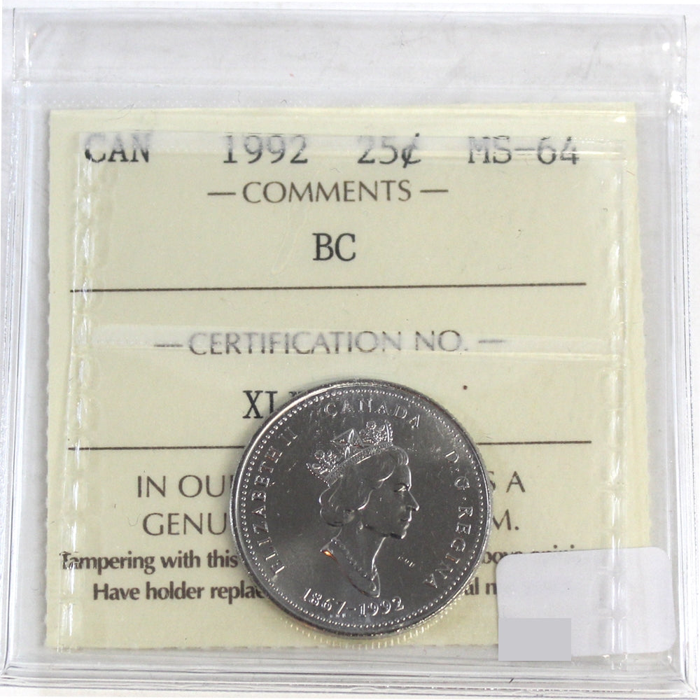1992 British Columbia Canada 25-cents ICCS Certified MS64