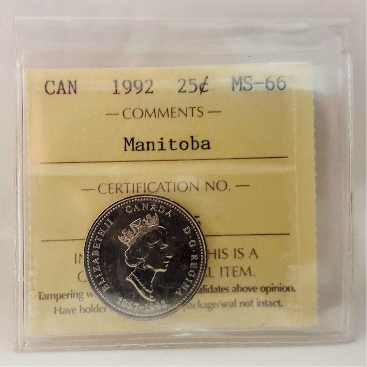 1992 Manitoba Canada 25-cents ICCS Certified MS66