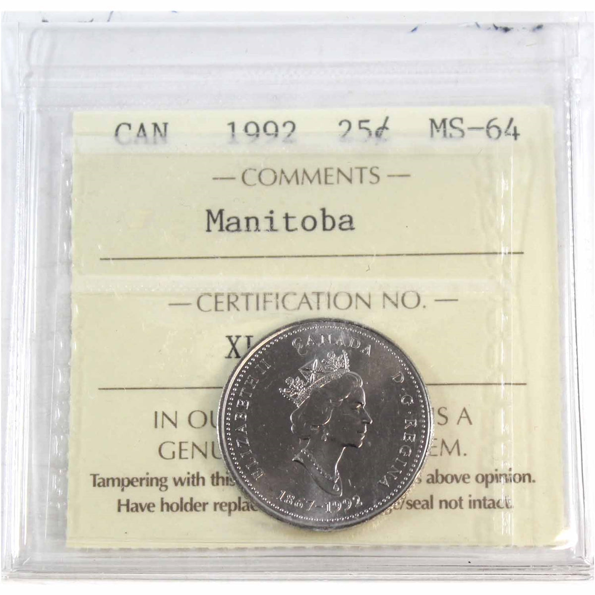1992 Manitoba Canada 25-cents ICCS Certified MS64