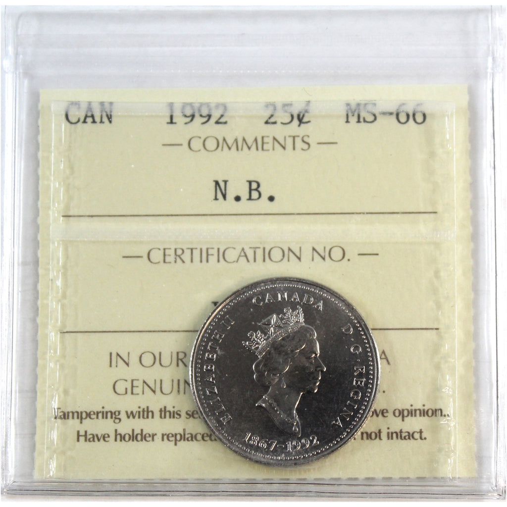 1992 New Brunswick Canada 25-cents ICCS Certified MS66