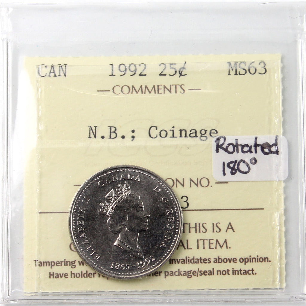 1992 Upset Dies Rotated 180 Degrees New Brunswick Canada 25-cents ICCS Certified MS63