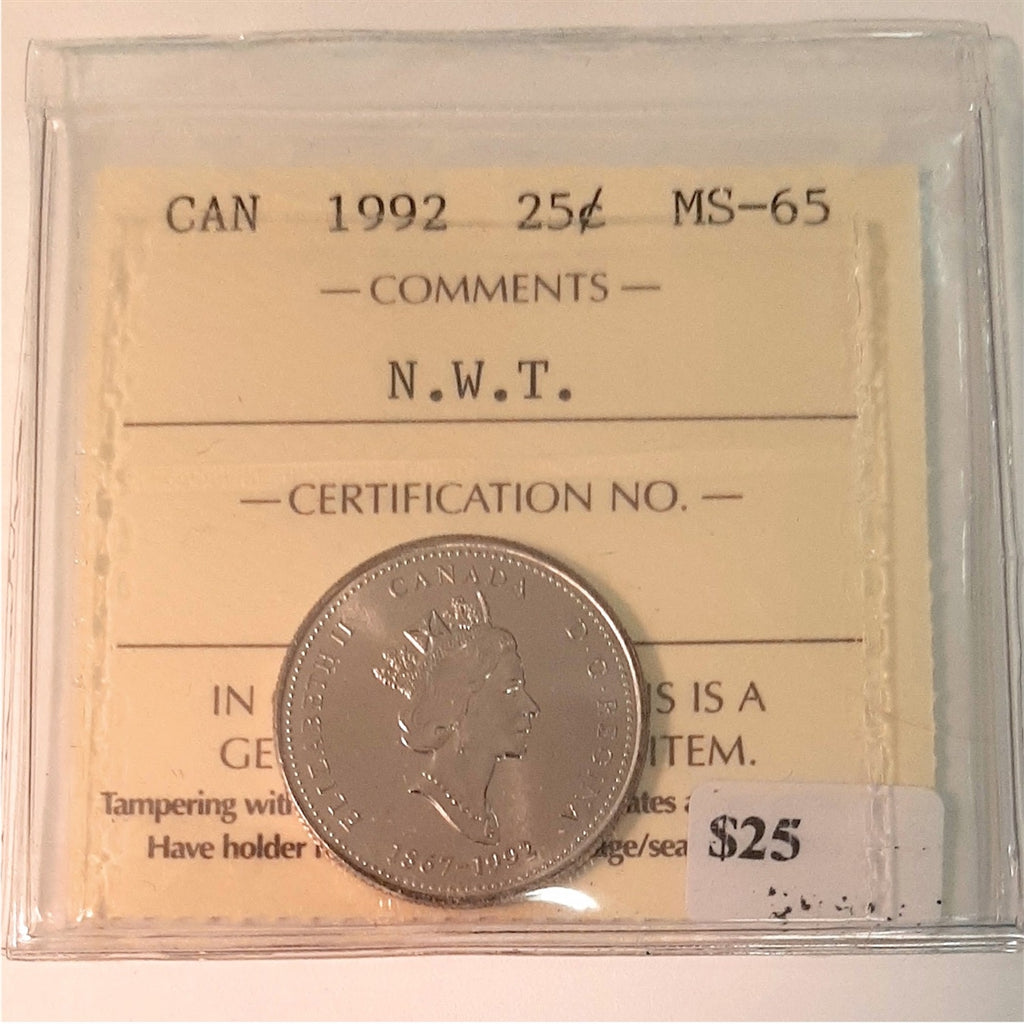 1992 Northwest Territories Canada 25-cents ICCS Certified MS65
