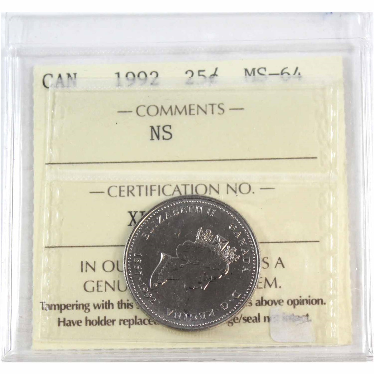 1992 Nova Scotia Canada 25-cents ICCS Certified MS64