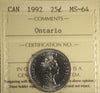 1992 Ontario Canada 25-cents ICCS Certified MS64
