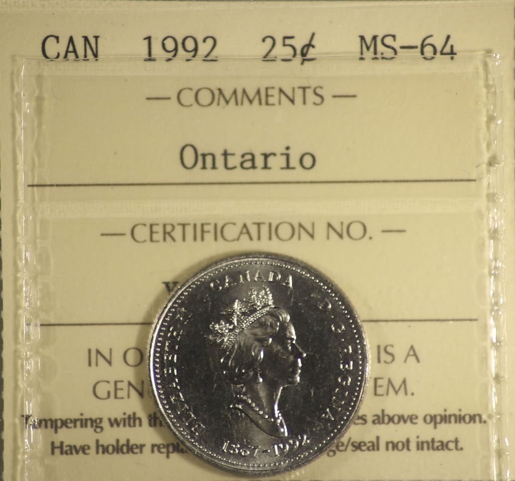 1992 Ontario Canada 25-cents ICCS Certified MS64
