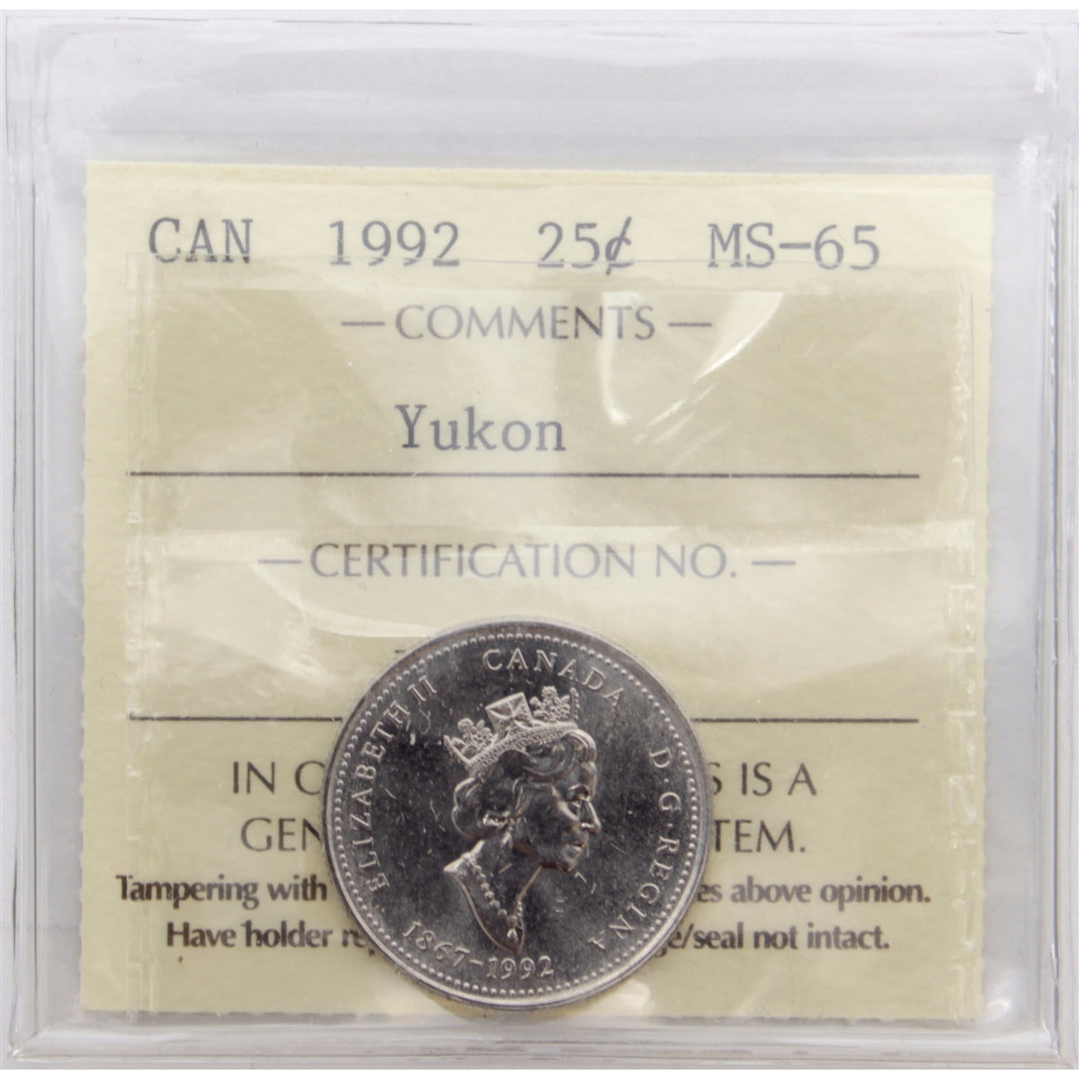 1992 Yukon Canada 25-cents ICCS Certified MS65