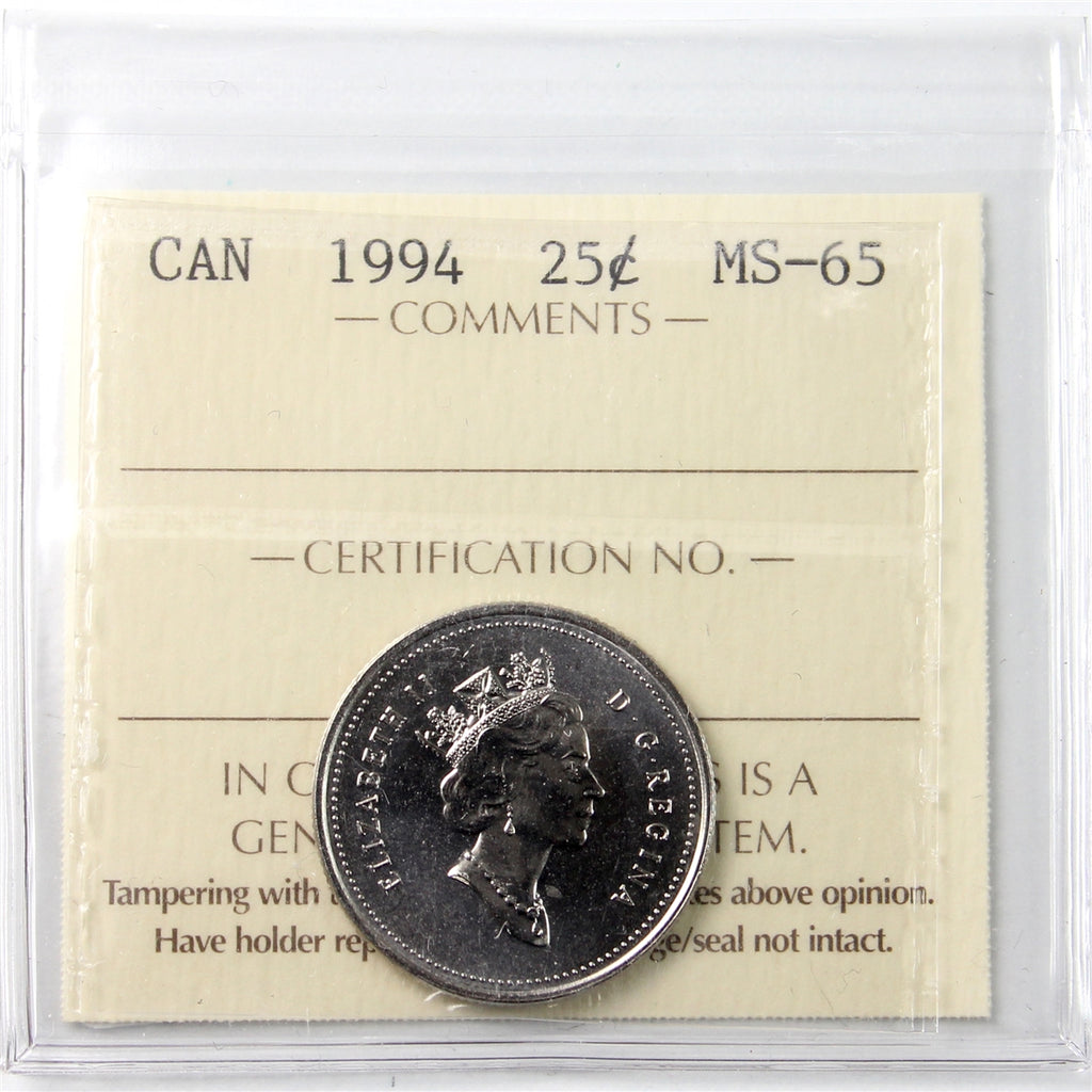 1994 Canada 25-Cents ICCS Certified MS65