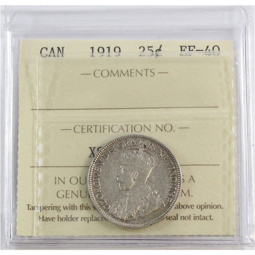 1919 Canada 25-cents ICCS Certified EF40