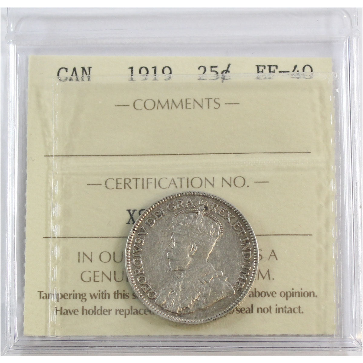 1919 Canada 25-cents ICCS Certified EF40