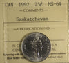 1992 Canada 25-cents ICCS Certified MS64 Saskatchewan