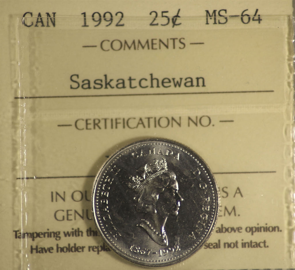 1992 Canada 25-cents ICCS Certified MS64 Saskatchewan