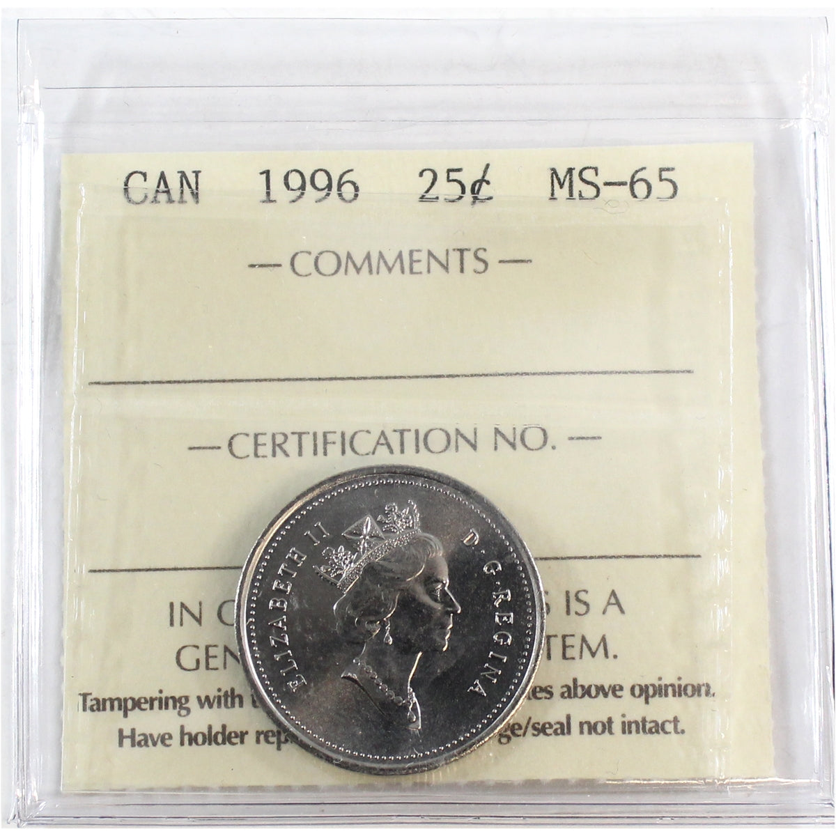 1996 Canada 25-cents ICCS Certified MS65