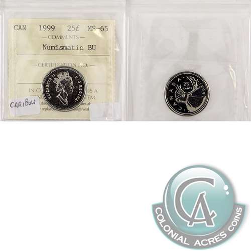 1999 Caribou Canada 25-cents ICCS Certified MS65 Numismatic BU