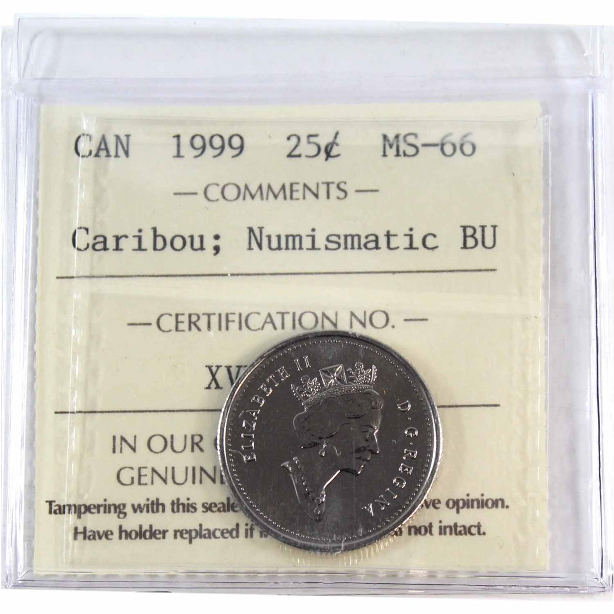 1999 Caribou Canada 25-cents ICCS Certified MS66 Numismatic BU