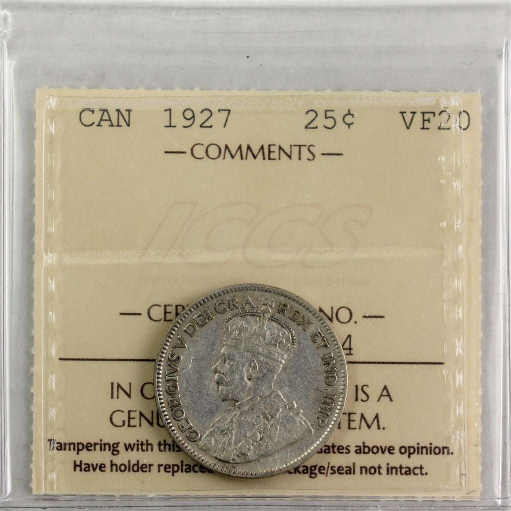 1927 Canada 25-cents ICCS Certified VF20