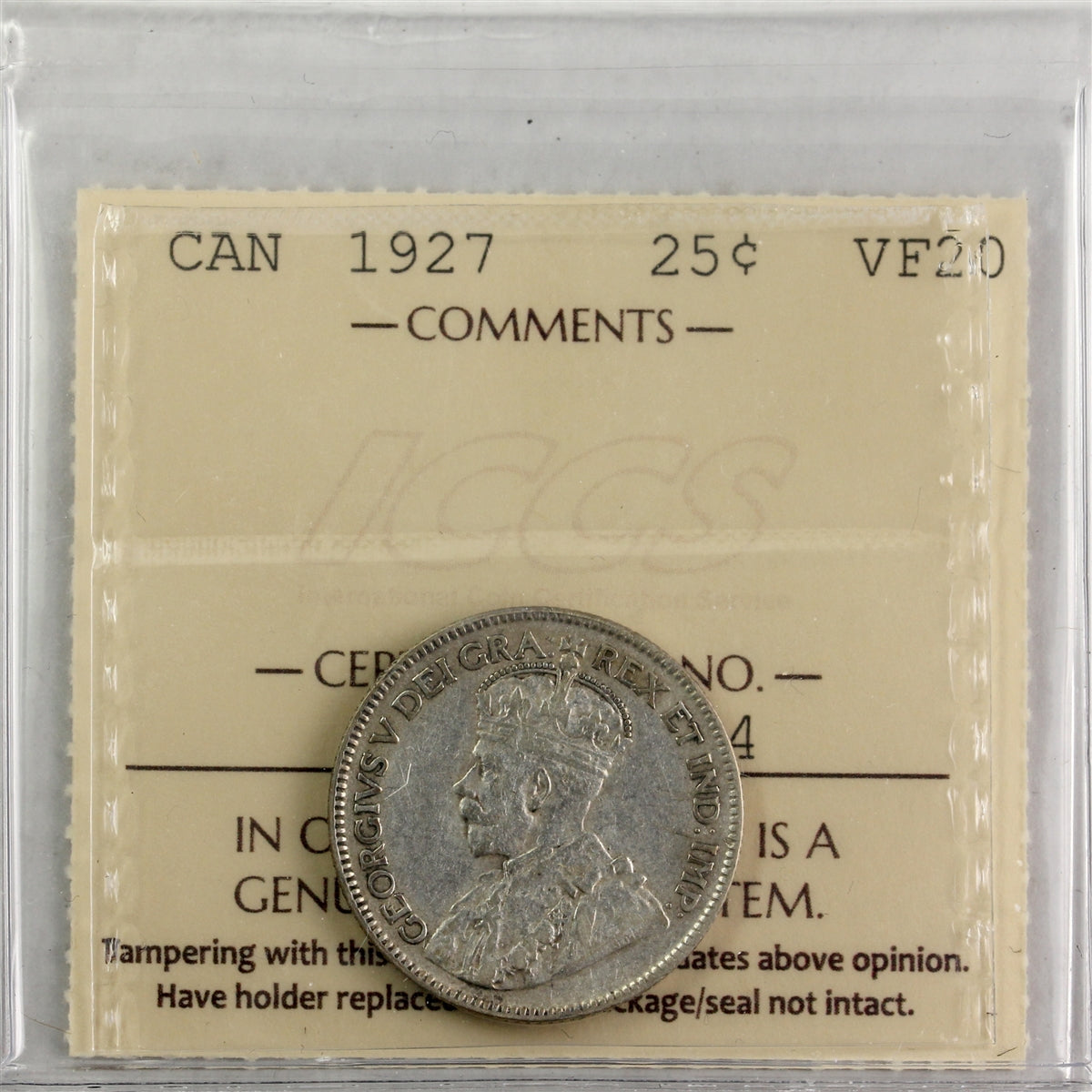 1927 Canada 25-cents ICCS Certified VF20