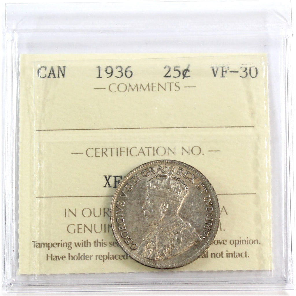 1936 Canada 25-cents ICCS Certified VF30