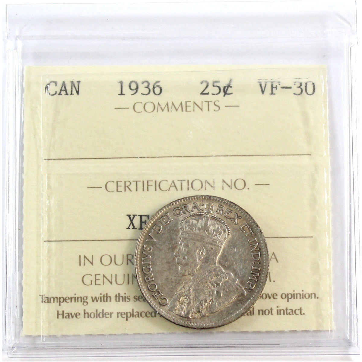 1936 Canada 25-cents ICCS Certified VF30