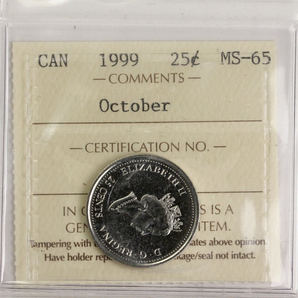 1999 October Canada 25-cents ICCS Certified MS65