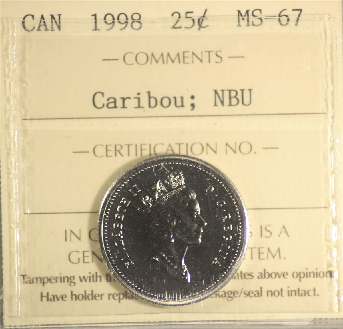 1998 Canada 25-cents ICCS Certified MS67 NBU