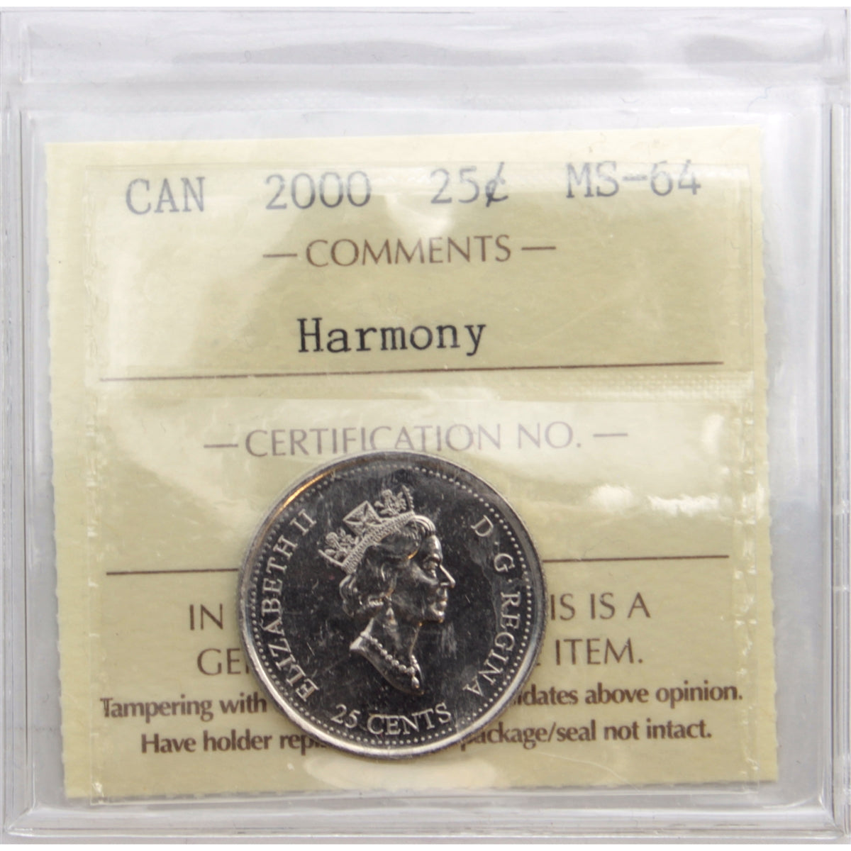 2000 Harmony Canada 25-cents ICCS Certified MS64