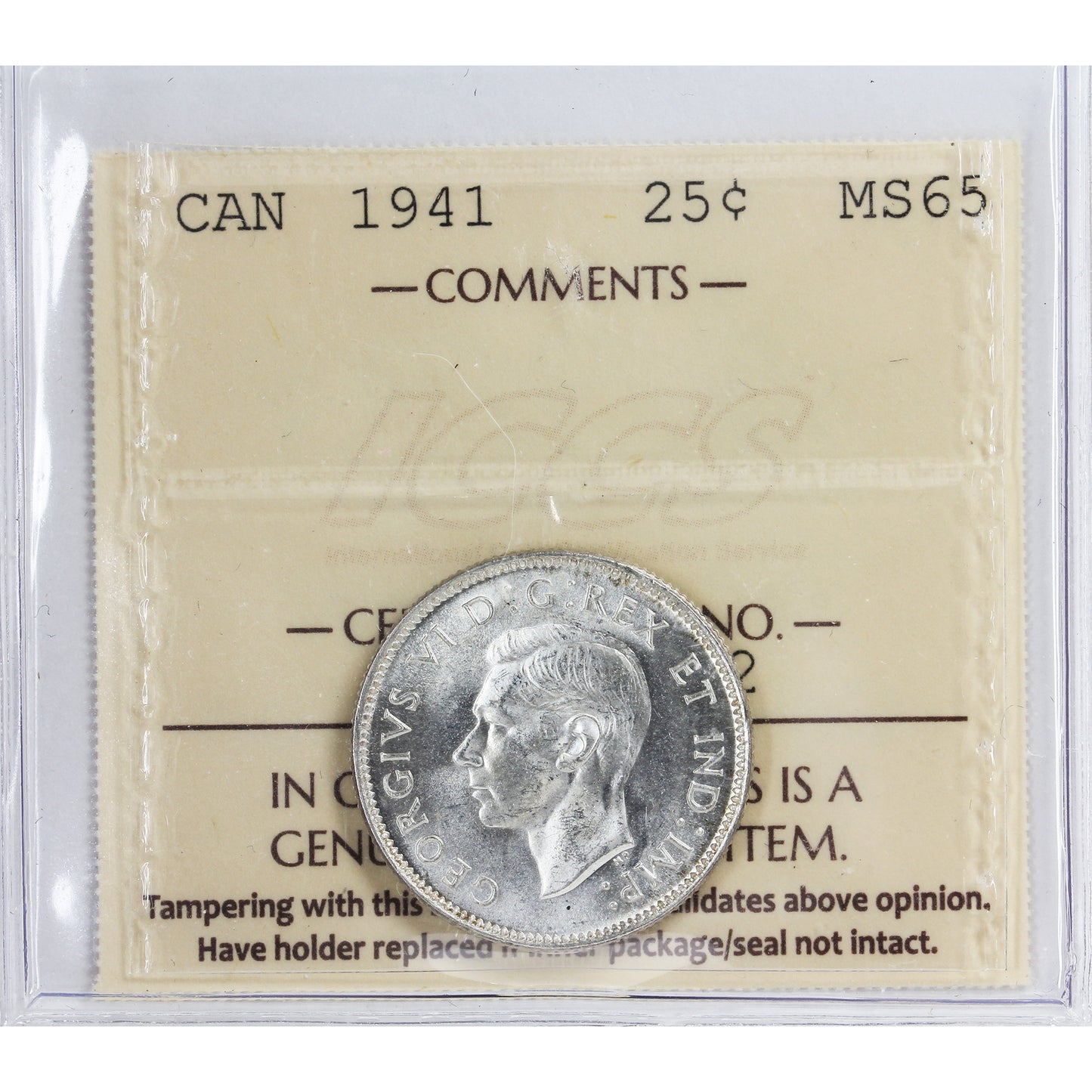 1941 Canada 25-cents ICCS Certified MS65 (XSU 352)