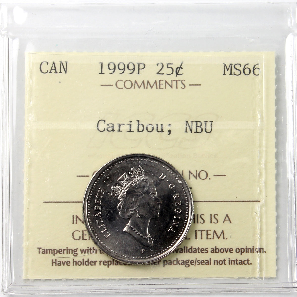 1999P Caribou Canada 25-cents ICCS Certified MS66 NBU
