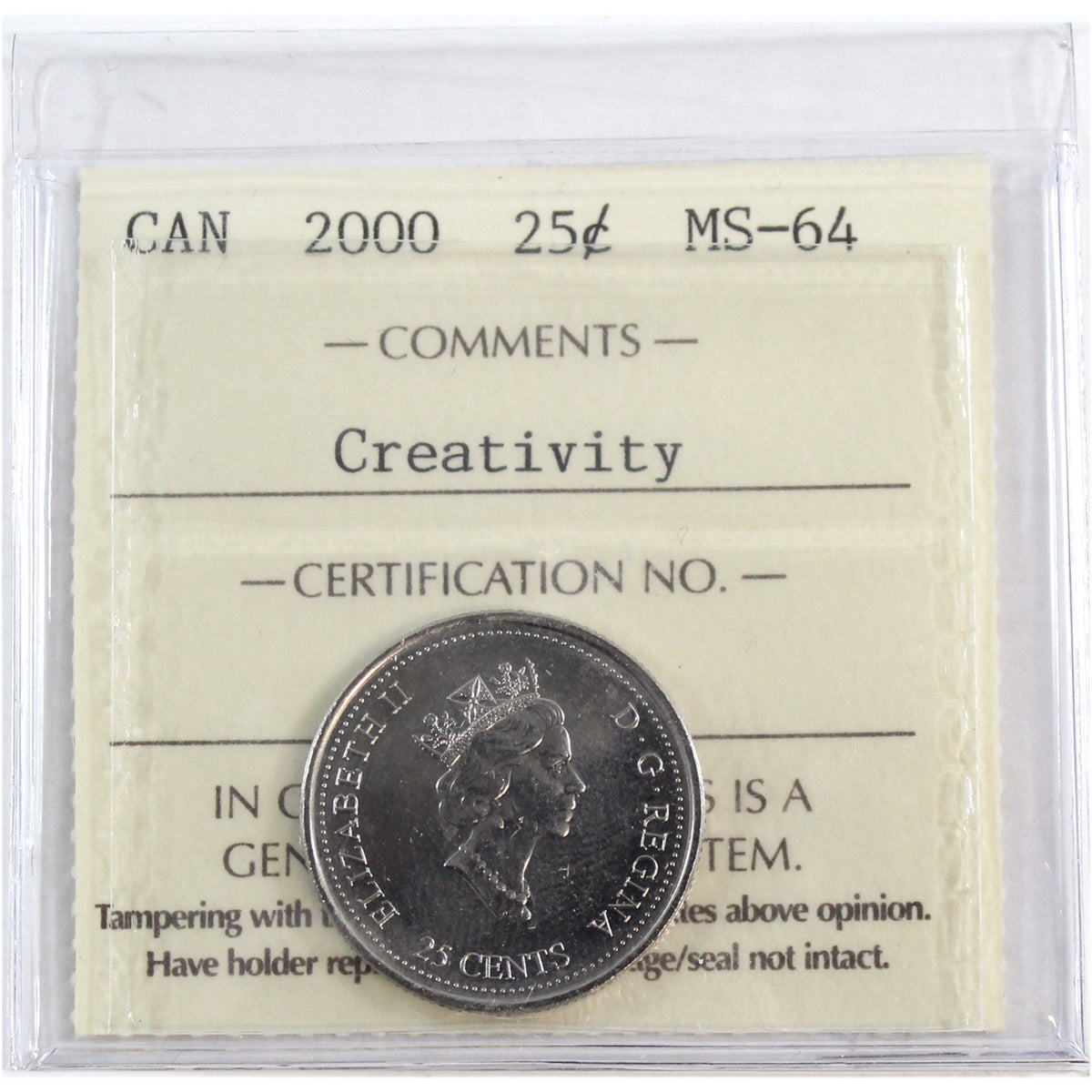 2000 Creativity Canada 25-cents ICCS Certified MS64