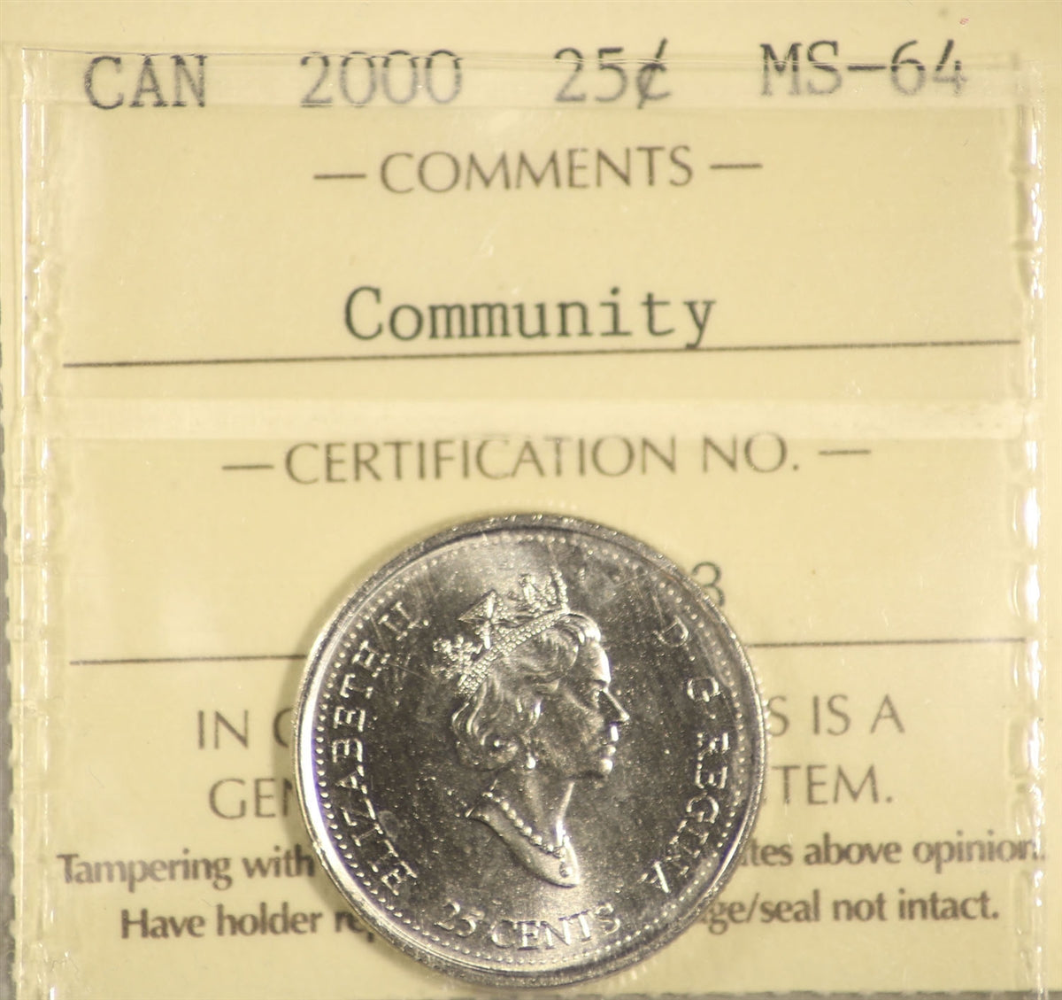 2000 Community Canada 25-cents ICCS Certified MS64