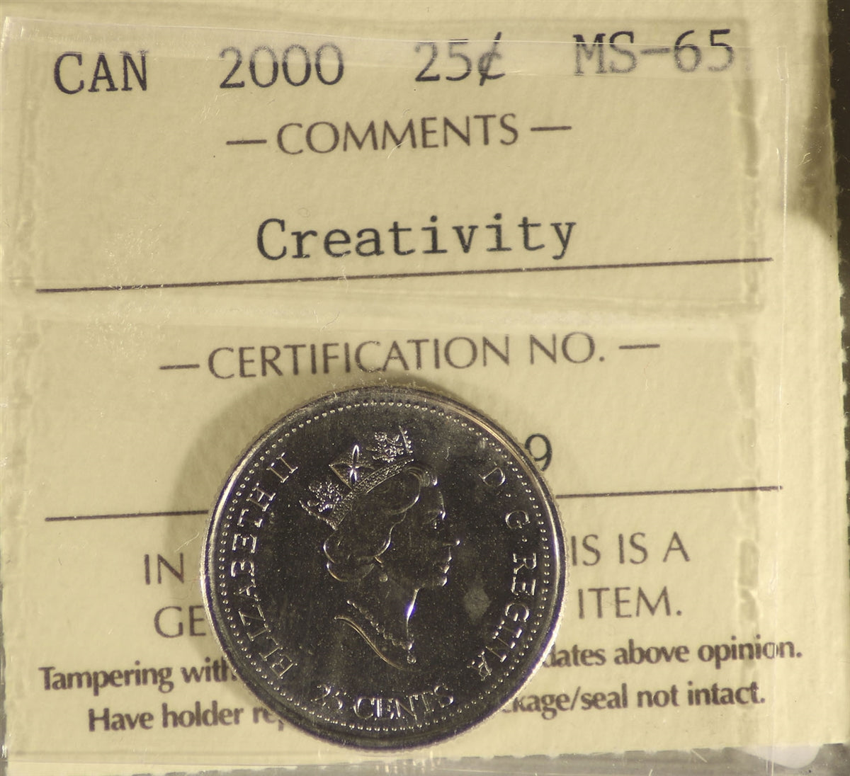 2000 Creativity Canada 25-cents ICCS Certified MS65