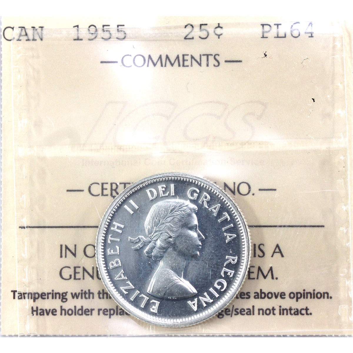 1955 Canada 25-cents ICCS Certified PL-64