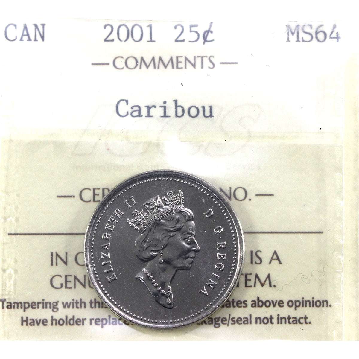2001 Caribou Canada 25-cents ICCS Certified MS64