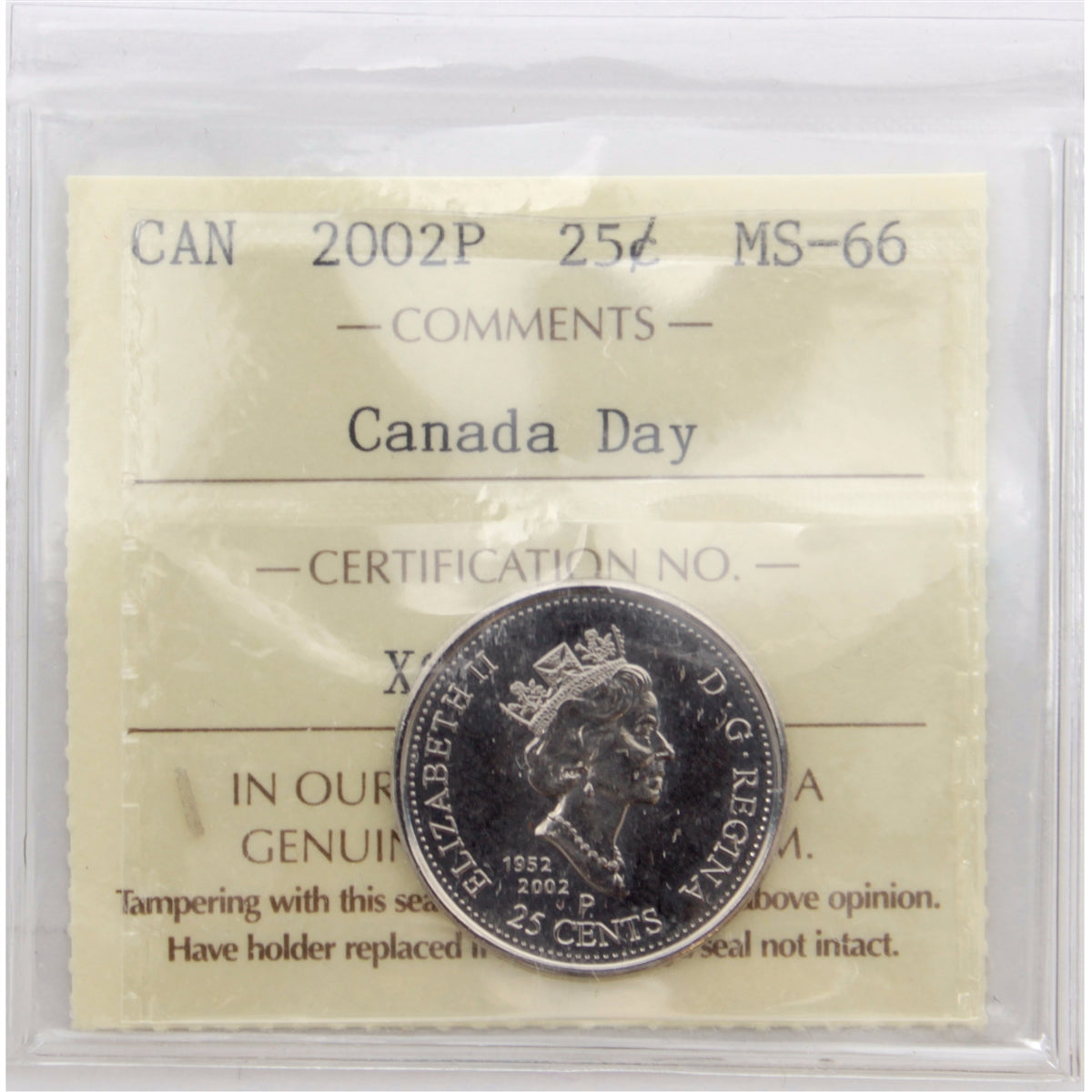 2002P Canada Day 25-cents ICCS Certified MS66