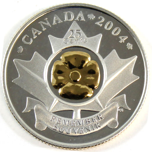 2004 Gold Plated Poppy Canada 25-cents Sterling Silver Proof