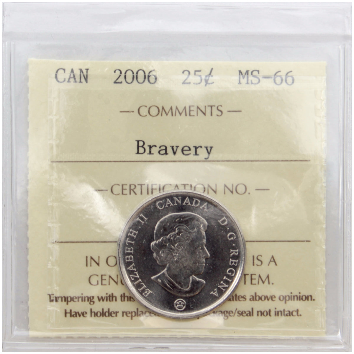 2006 Bravery Canada 25-cents ICCS Certified MS66