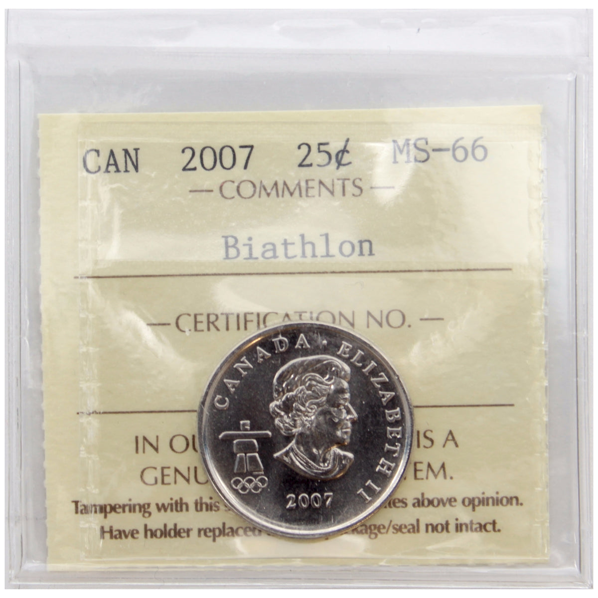 2007 Biathlon Canada 25-cents ICCS Certified MS66