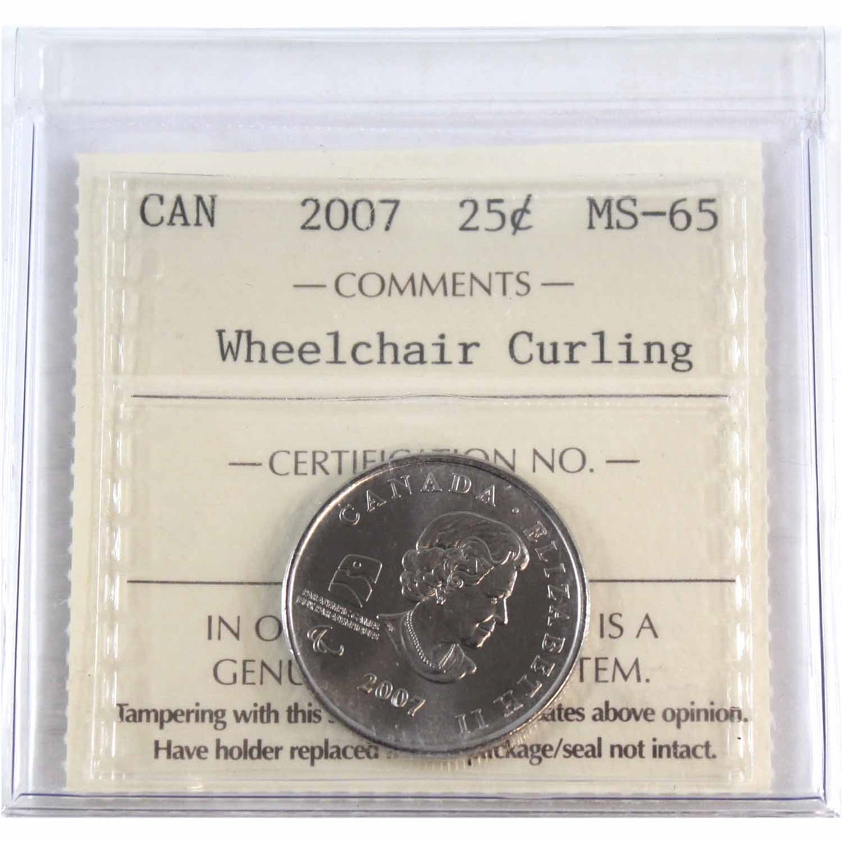 2007 Wheelchair Curling Canada 25-cents ICCS Certified MS65