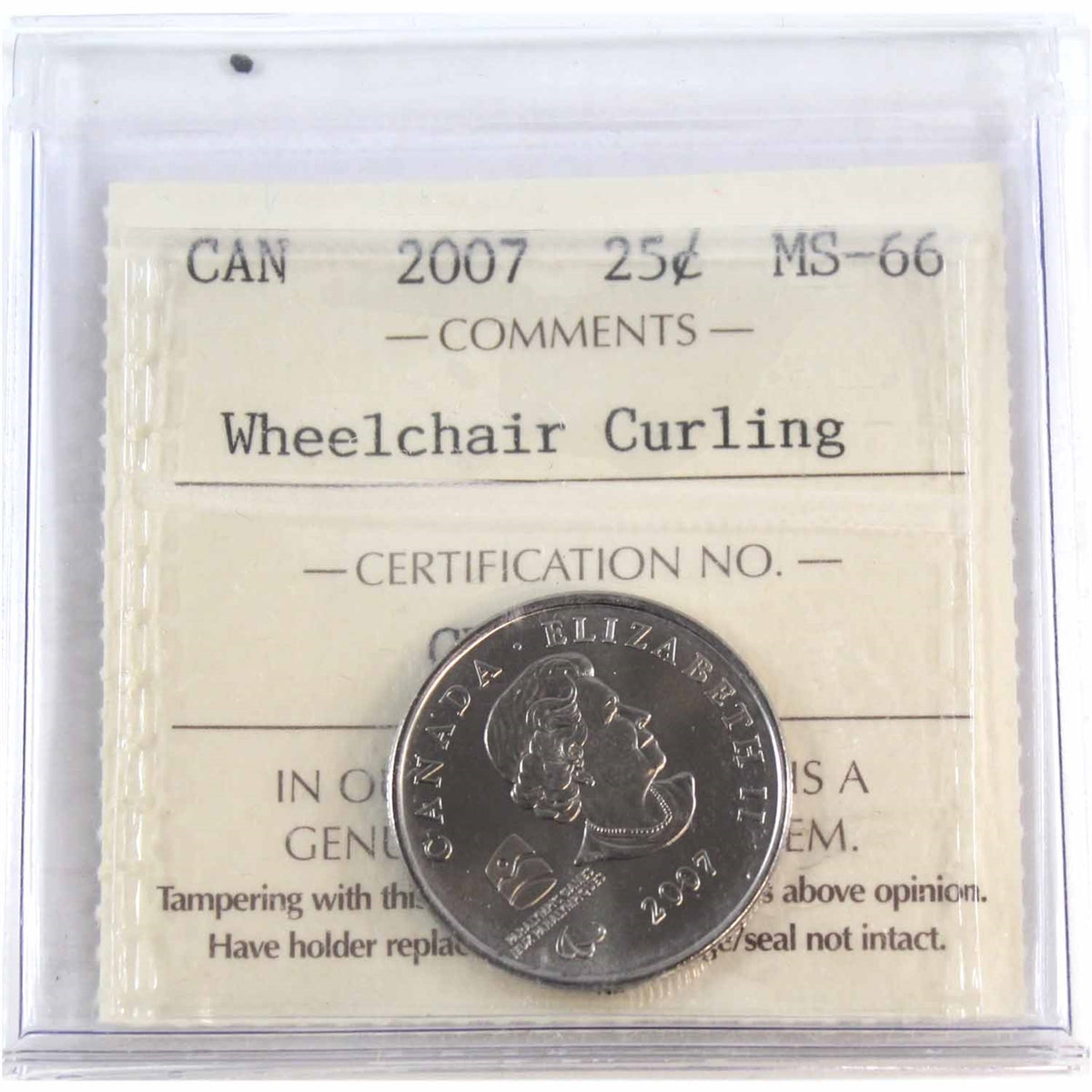 2007 Wheelchair Curling Canada 25-cents ICCS Certified MS66