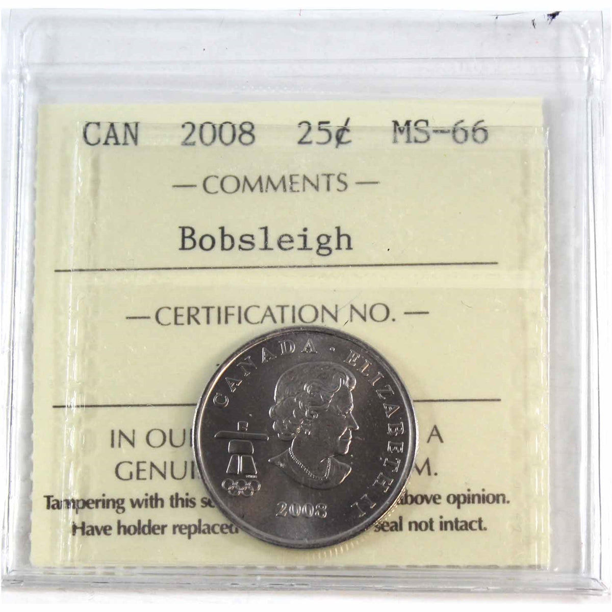 2008 Bobsleigh Canada 25-cents ICCS Certified MS66