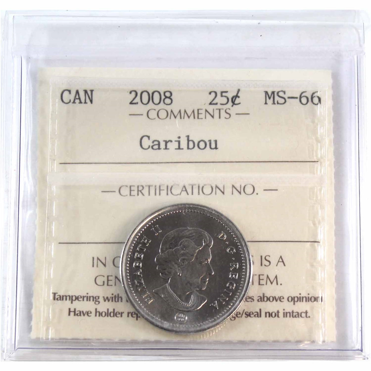 2008 Caribou Canada 25-cents ICCS Certified MS66