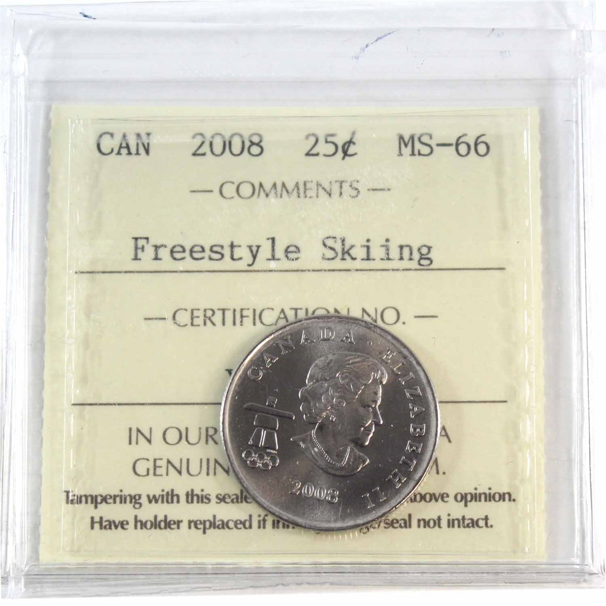 2008 Freestyle Skiing Canada 25-cents ICCS Certified MS66