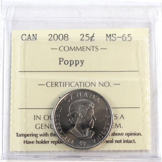 2008 Poppy Canada 25-cents ICCS Certified MS65