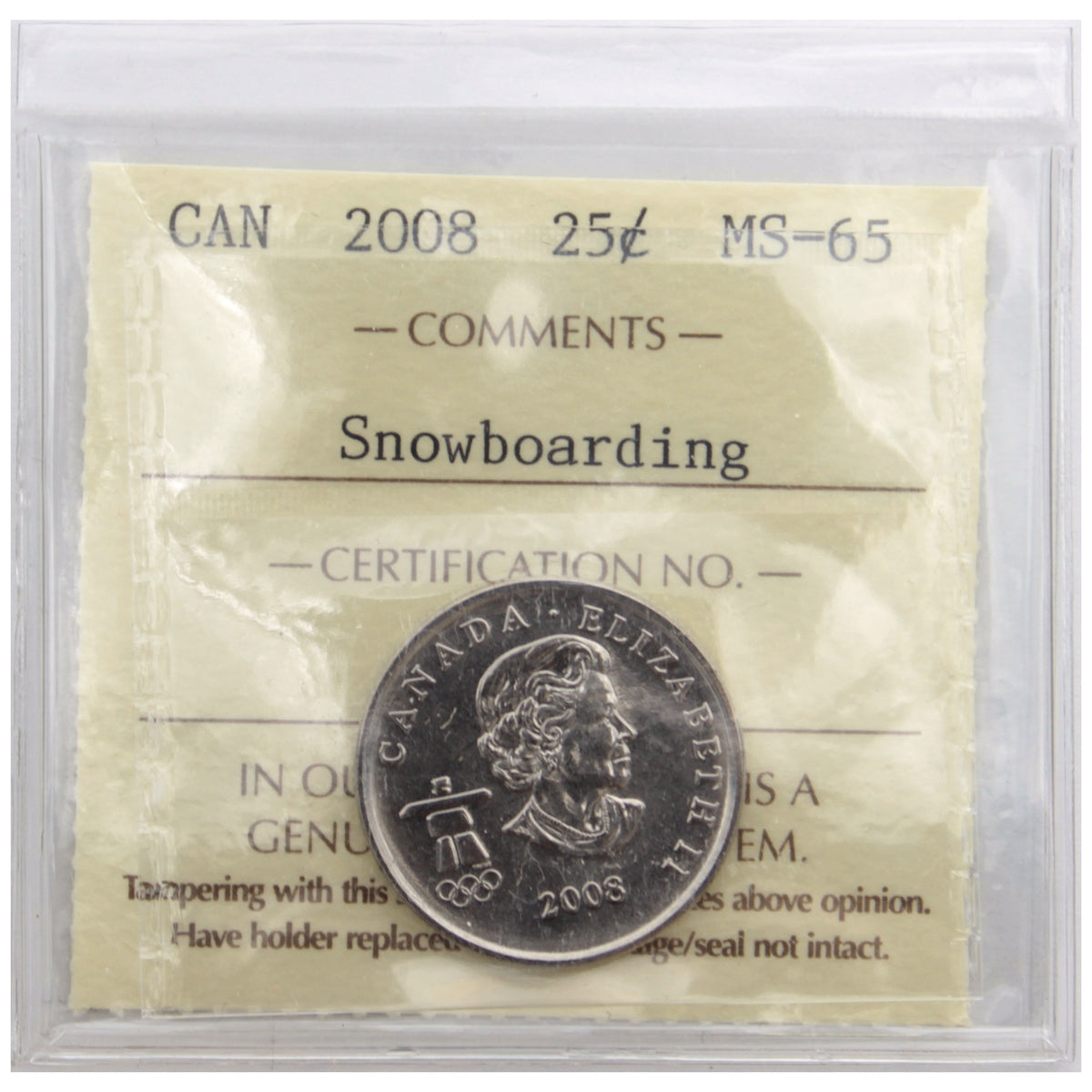 2008 Snowboarding Canada 25-cents ICCS Certified MS65