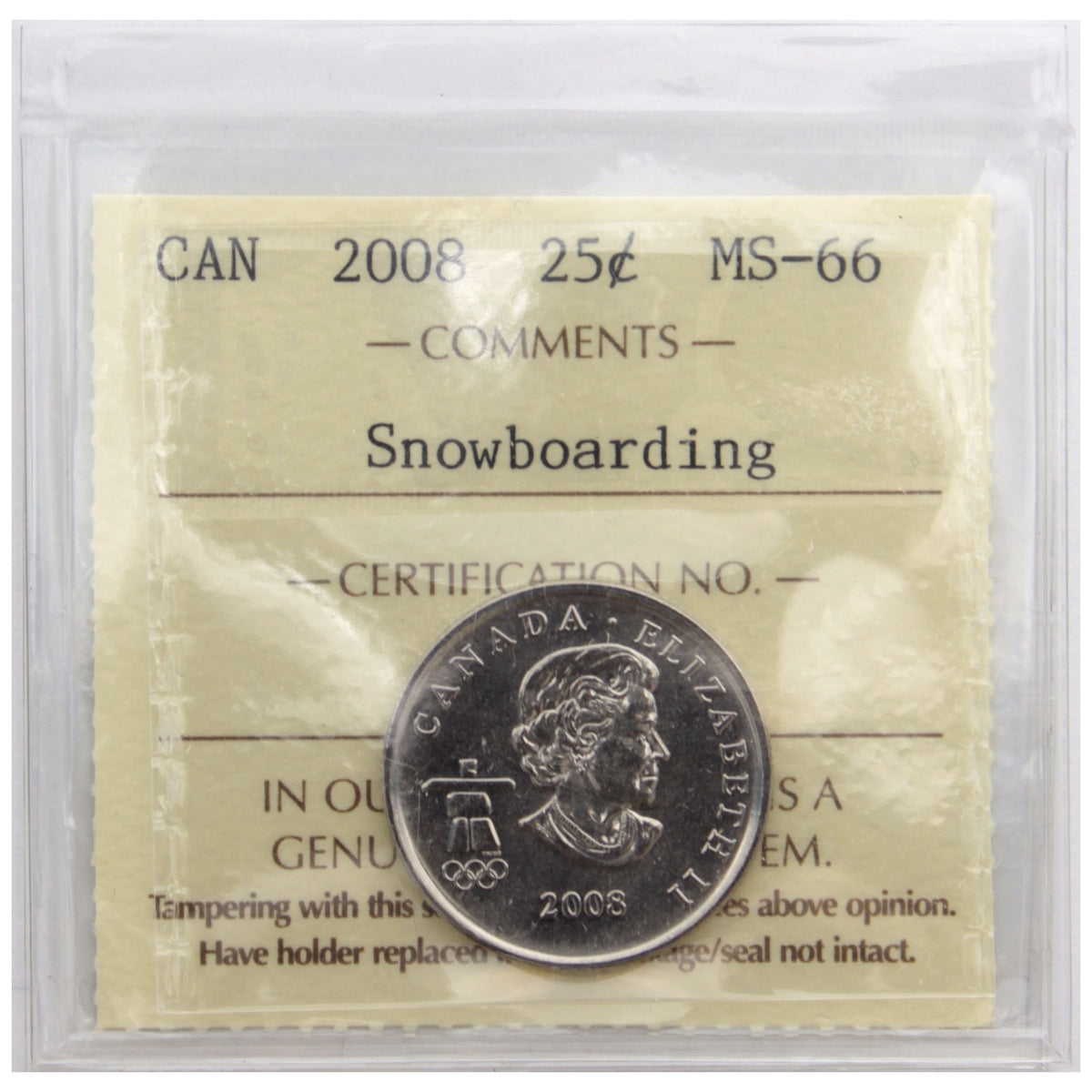 2008 Snowboarding Canada 25-cents ICCS Certified MS66