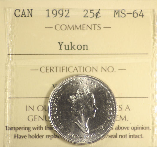 1992 Yukon Canada 25-cents ICCS Certified MS-64