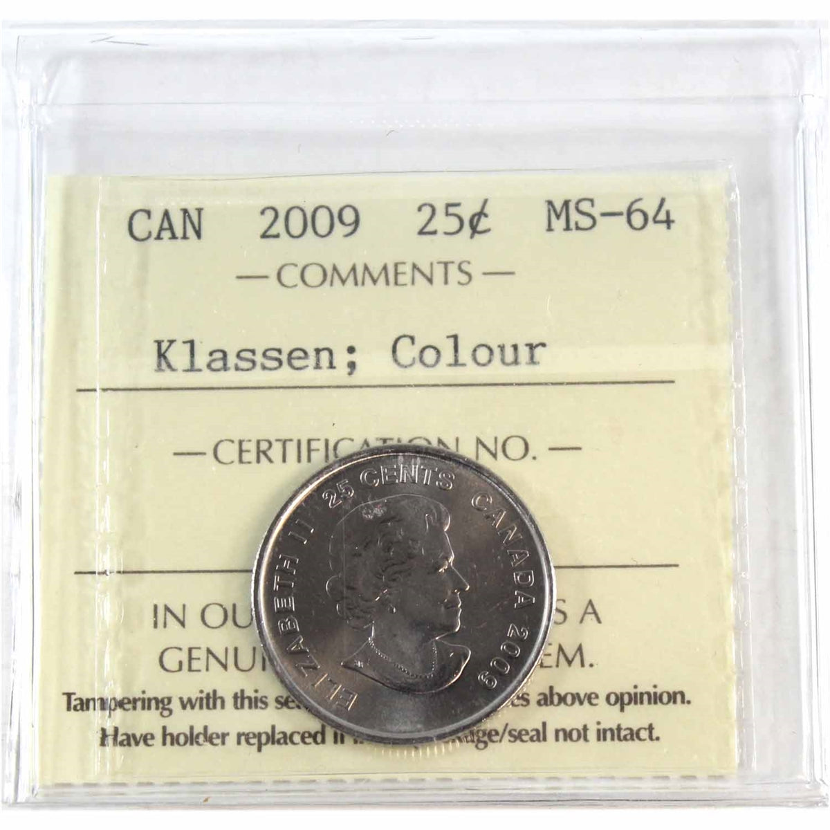 2009 Coloured Cindy Klassen Canada 25-cents ICCS Certified MS64
