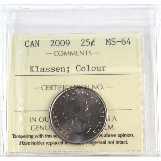 2009 Coloured Cindy Klassen Canada 25-cents ICCS Certified MS64